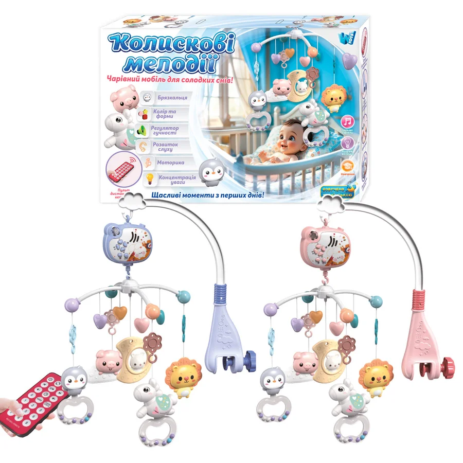 61 - Карусель 34608 WToys, 2 види, ОЗВУЧУВАННЯ УКРАЇНСЬКОЮ МОВОЮ, 5 підвісок-брязкалець, гумові елементи, обертання, підсвічуван Карусель 34608 (24) "WToys", 2 види, ОЗВУЧУВАННЯ УКРАЇНСЬКОЮ МОВОЮ, 5 підвісок-брязкалець, гумові елементи, обертання, підсвічування, таймер, регулювання гучності, мелодії, колискові, проєкція, пульт, в коробці, ВИДАЄТЬСЯ МІКС ВИДІВ - Зображення 1